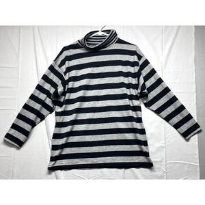Class 955 Top Womens Medium Gray Blue Striped Cotton Long Sleeve Turtleneck